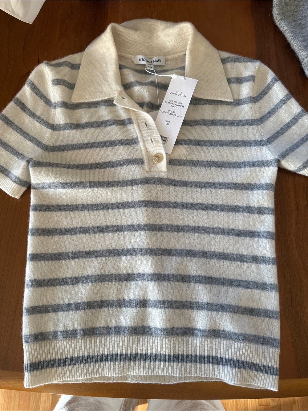 Veronica Beard Cream and Gray Striped Short-Sleeve Polo